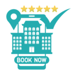 Hotel symbol with five stars, book now.
