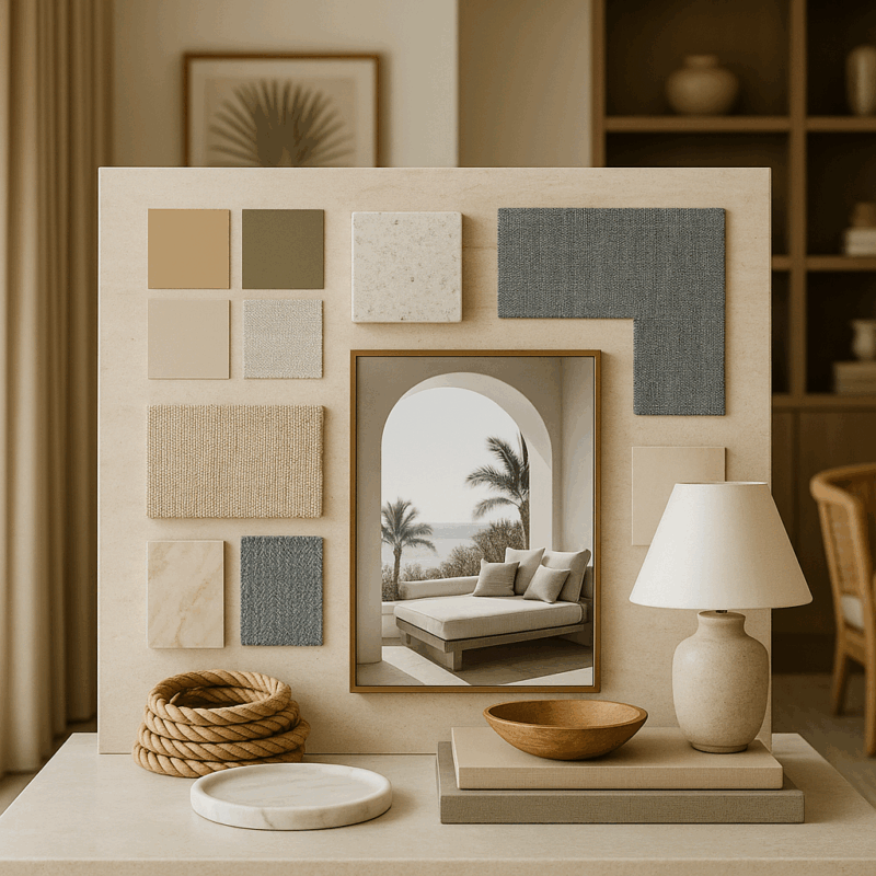 Inneneinrichtung mit Stoffproben und Dekorationen.