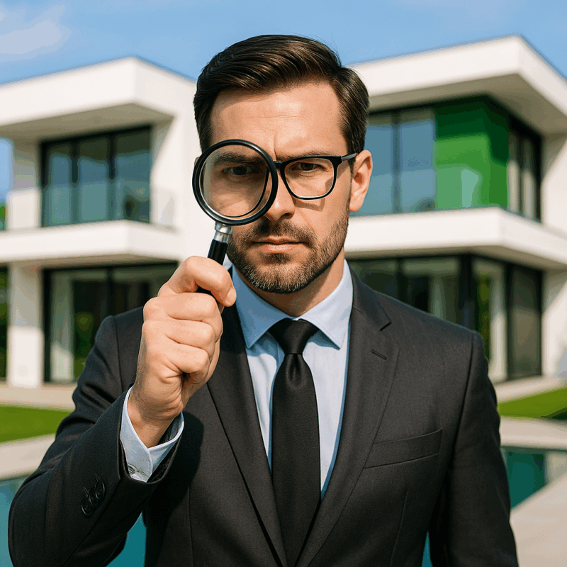 Mann mit Lupe vor modernem Haus