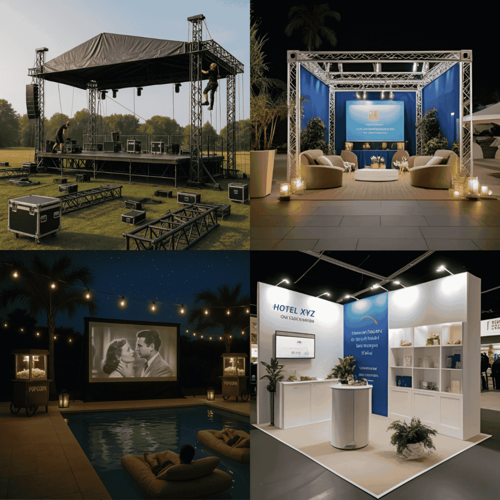 Event-Setup mit Bühne, Lounge, Kino, Messestand