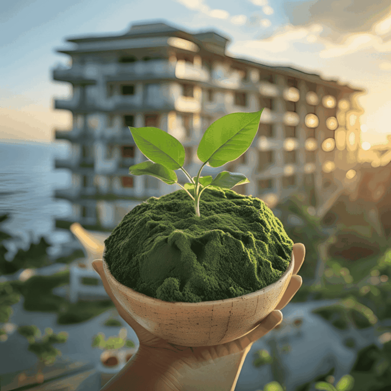 Pflanze in Schale vor modernem Gebäude bei Sonnenuntergang.