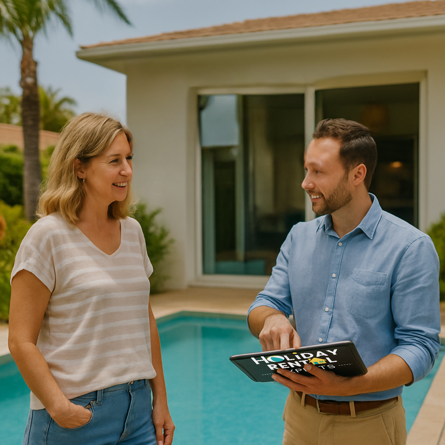 Zwei Personen sprechen vor einem Pool.
