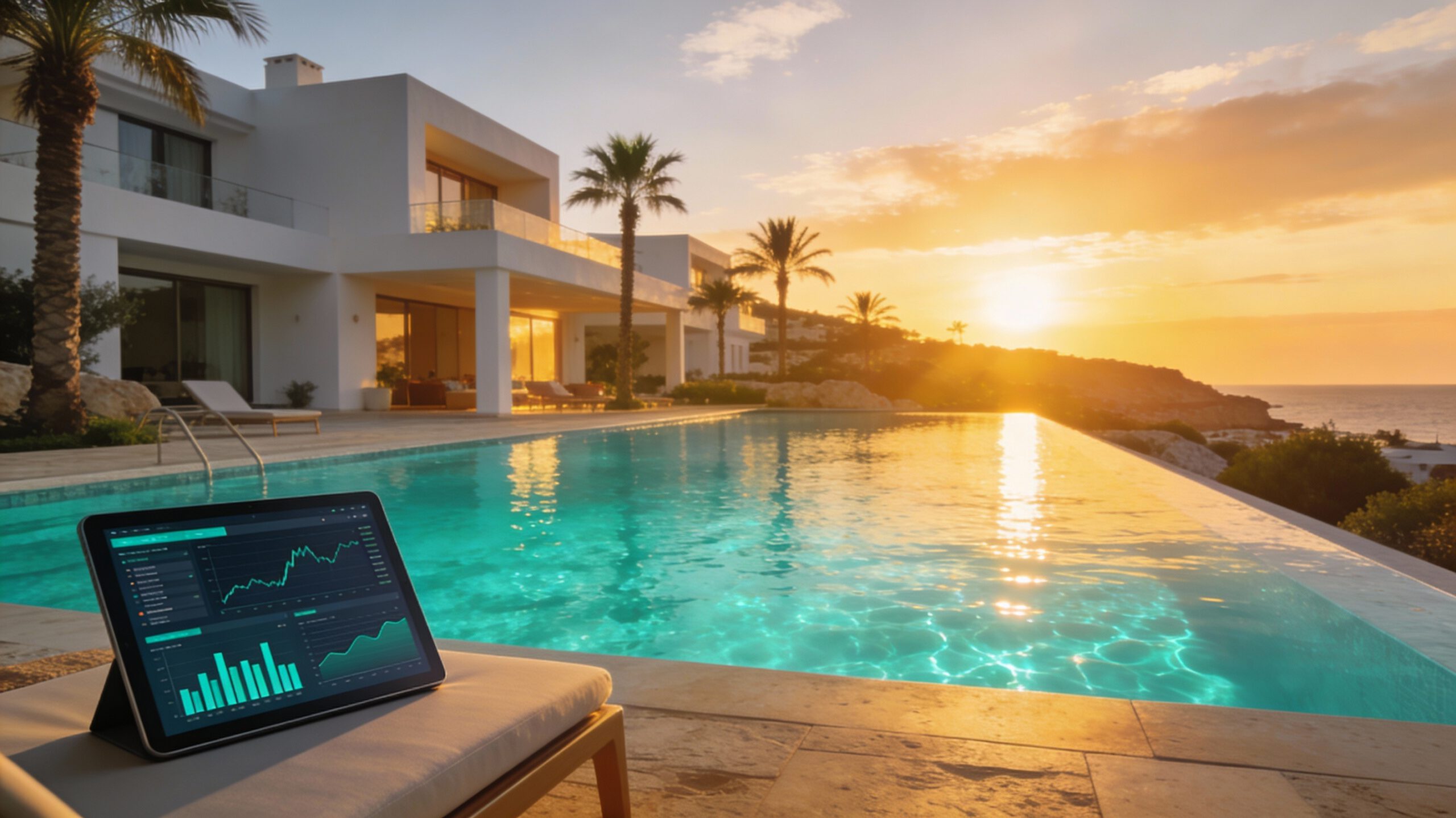 Luxusvilla mit Pool bei Sonnenuntergang, Tablet mit Grafiken.