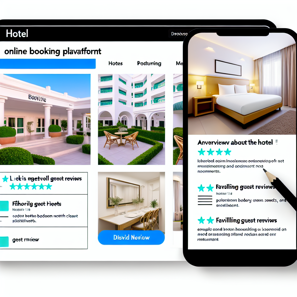 Darstellung einer Hotelbuchungsplattform auf einem Tablet und Smartphone mit Bewertungen und Zimmerinformationen.