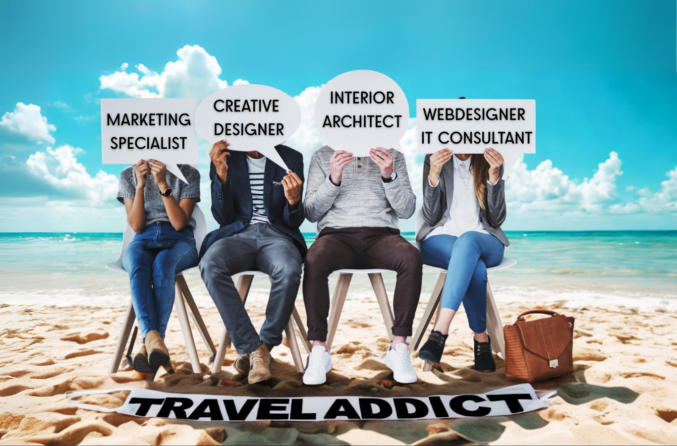 Vier Personen am Strand, verschiedene Berufe.