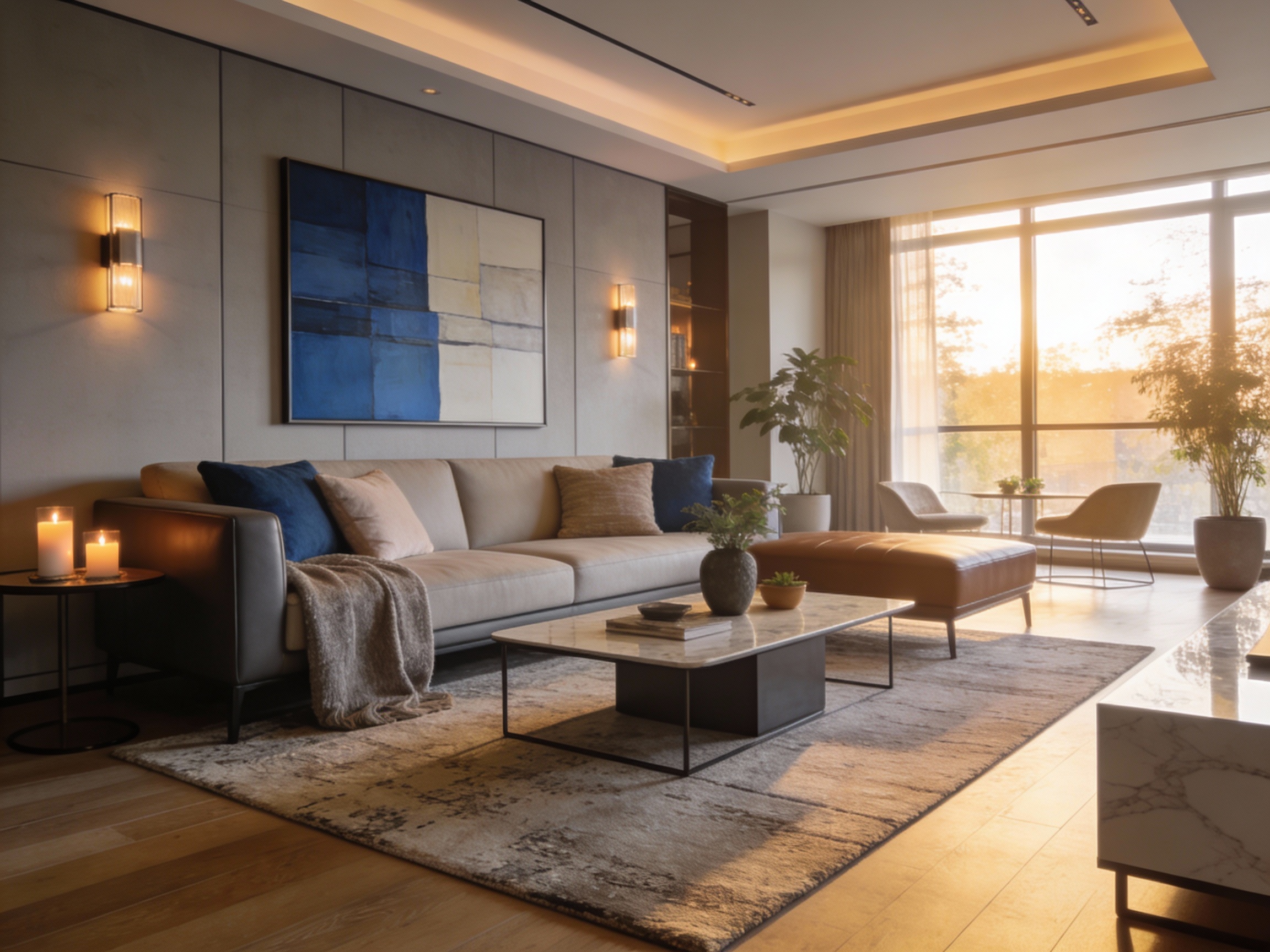 Modernes Wohnzimmer mit Sofa und großer Fensterfront.