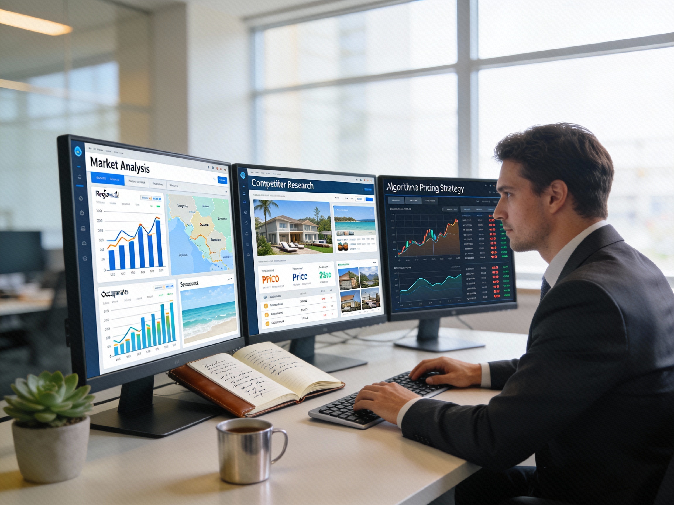 Mann analysiert Daten auf drei Bildschirmen im Büro.