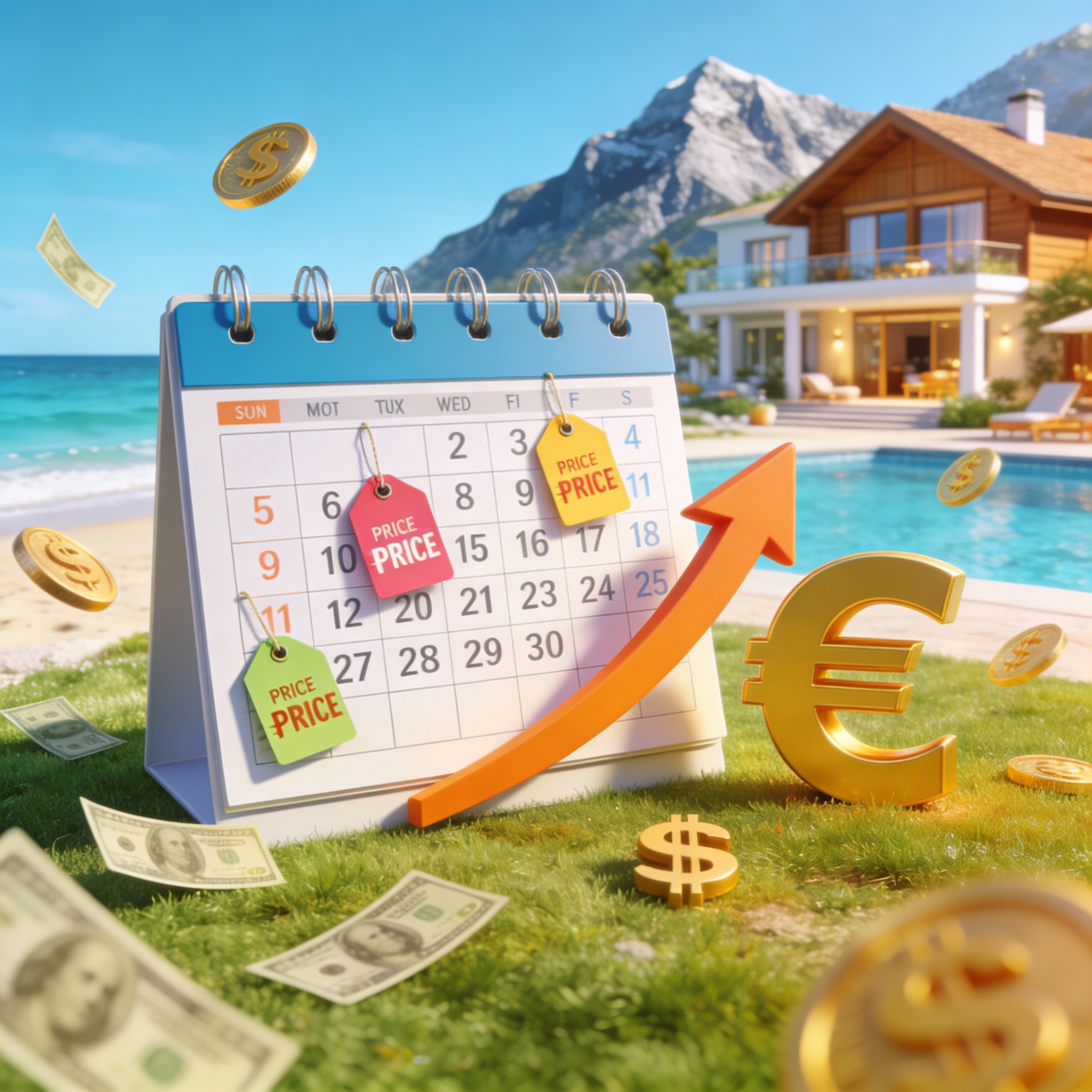 Kalender zeigt steigende Preise für Ferienhaus am Strand.