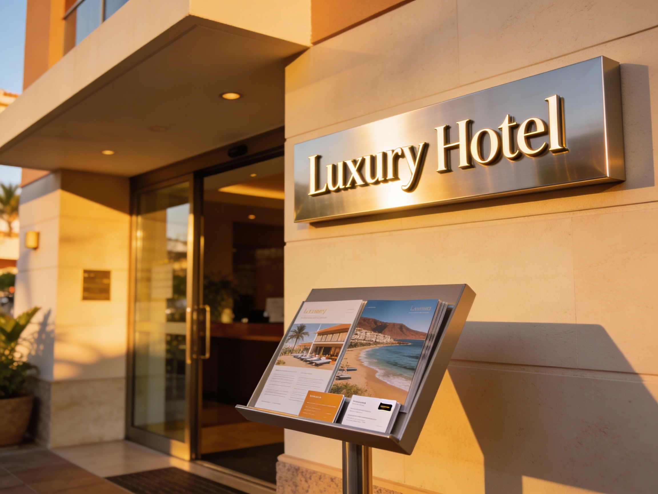 Eingang eines Luxushotels mit Prospekten im Vordergrund.
