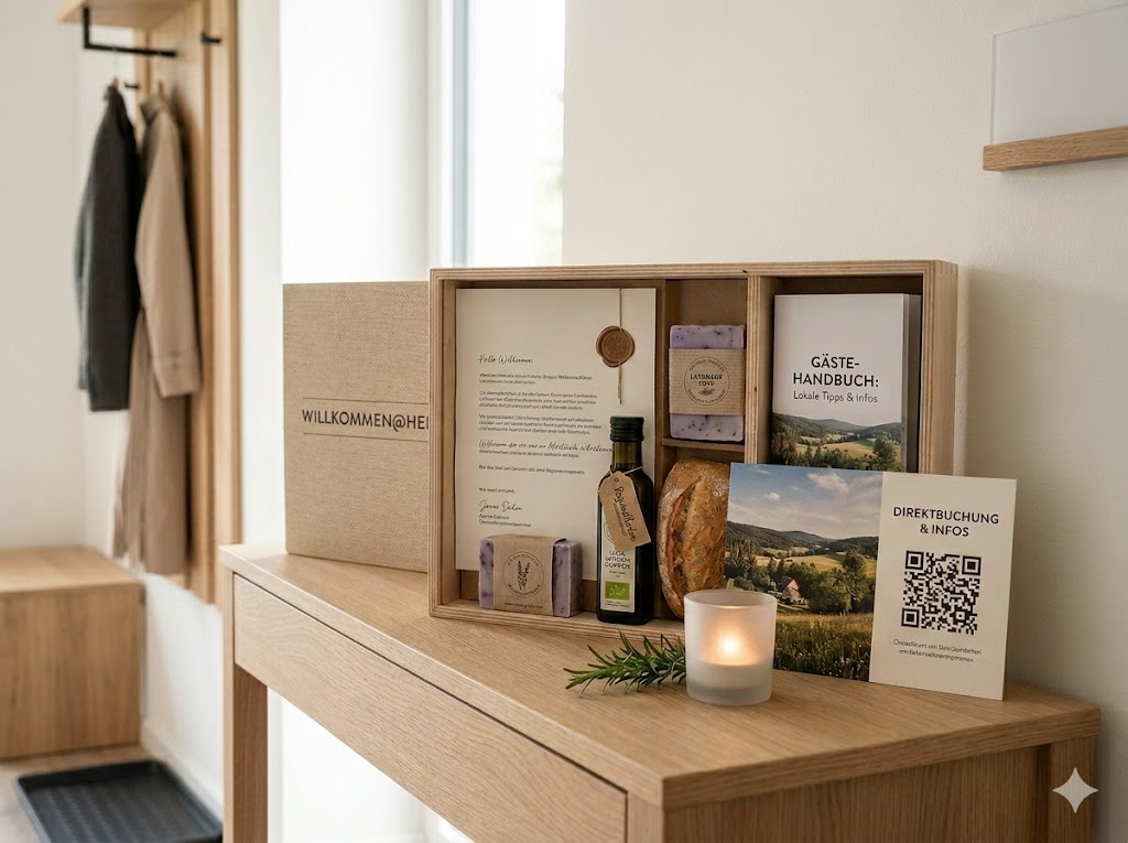 Willkommenspaket im Hotelzimmer mit Handbuch und Brot.