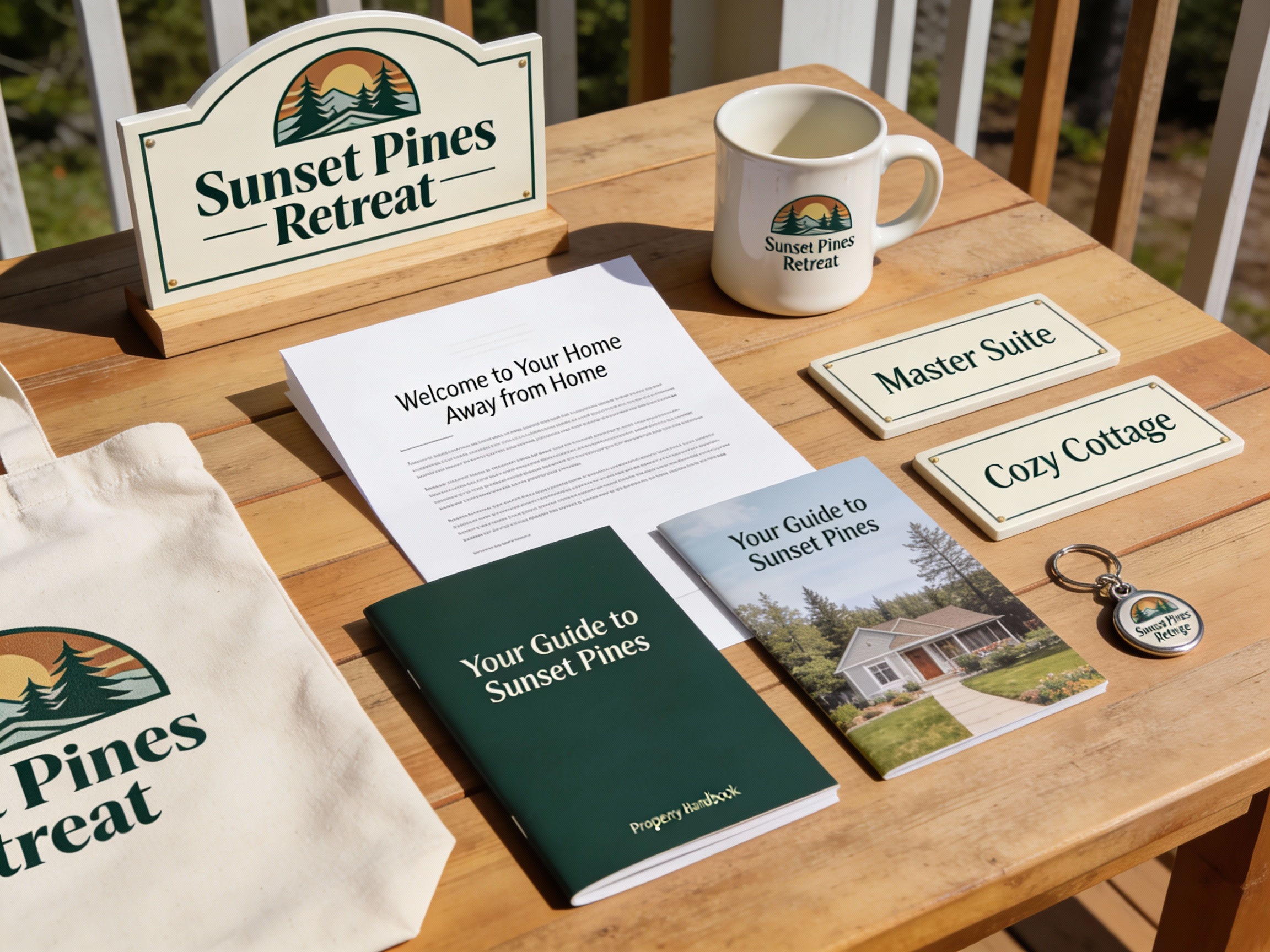 Sunset Pines Retreat Werbematerialien auf Holztisch.