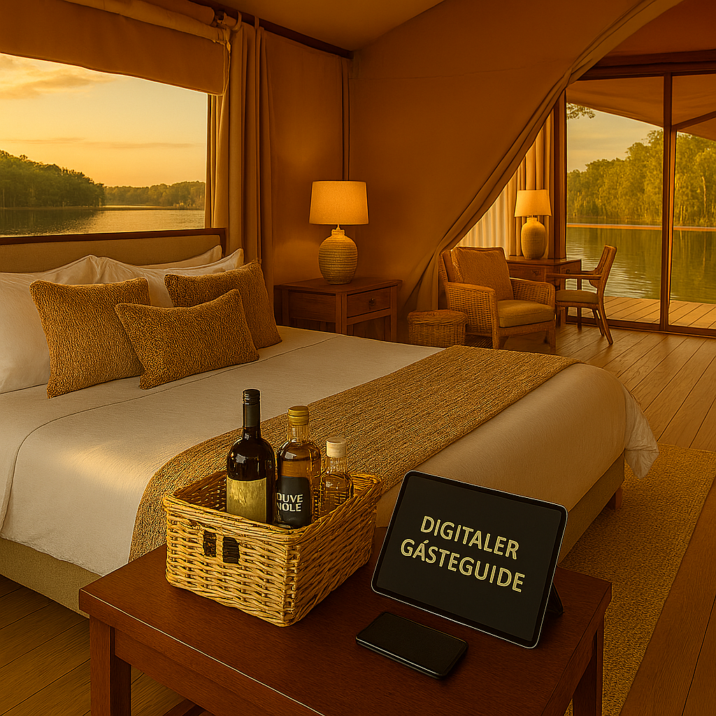 Luxus-Hotelzimmer mit Seeblick bei Sonnenuntergang