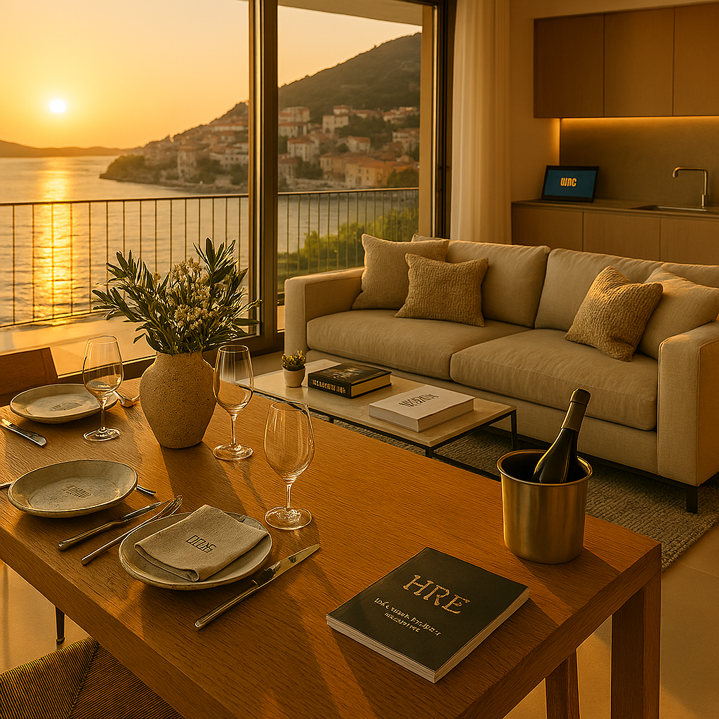 Moderne Wohnung mit Meerblick bei Sonnenuntergang