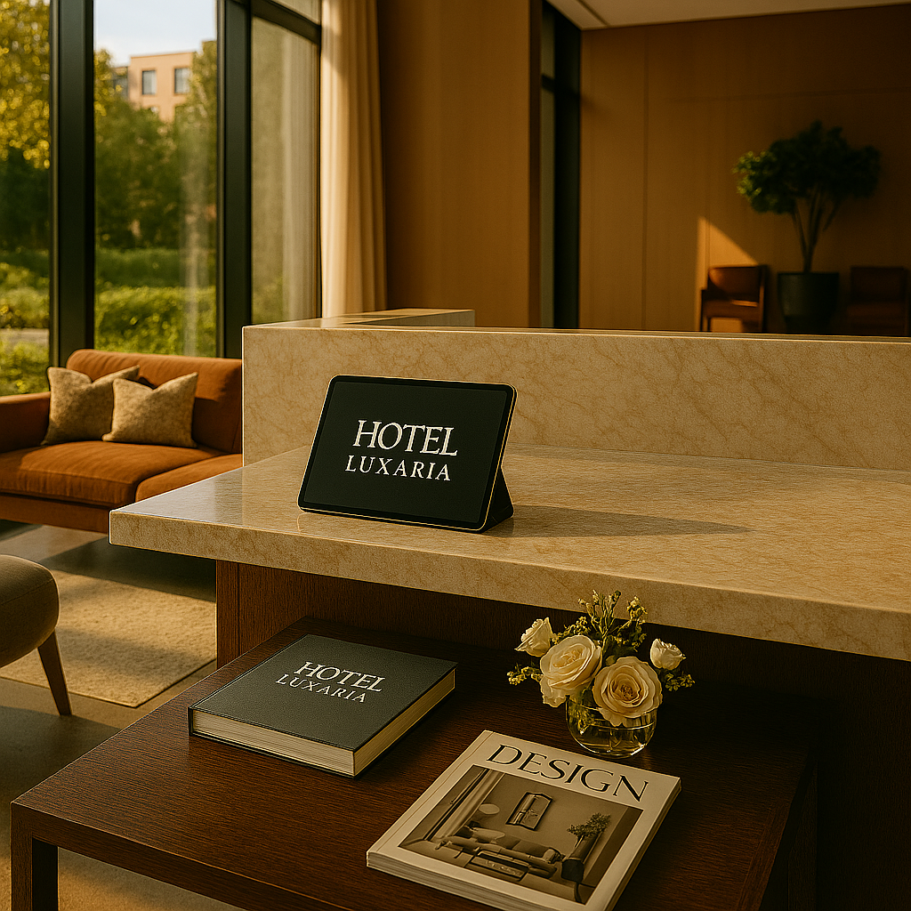 Rezeption im Hotel Luxaria mit Dekoration.